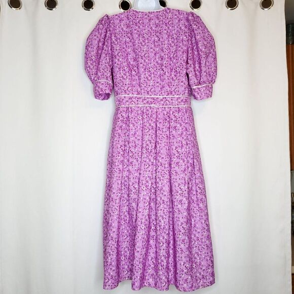 OOAK Vintage Cottagecore Pinup Dress Sz M Purple Floral Pleat Skirt Puff Sleeves - Picture 2 of 7